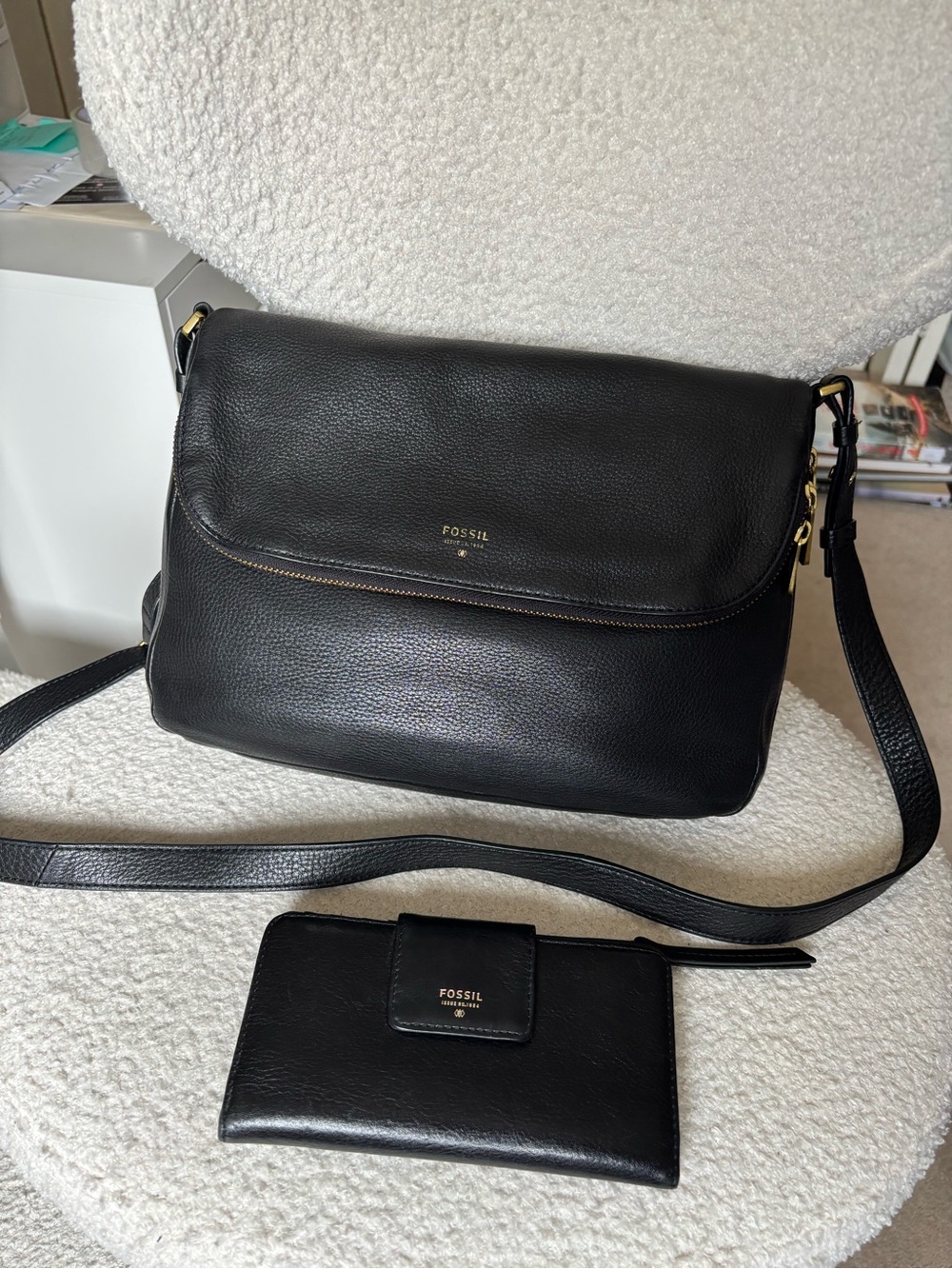 Fossil Preston Large Black Pebbled Leather Flap Crossbody Bag + Matching Wallet